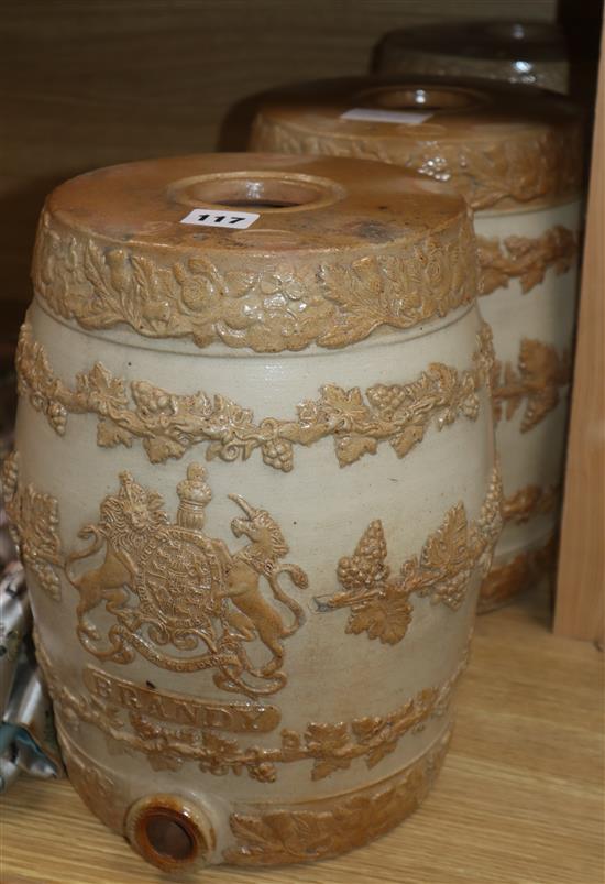 A set of three Doulton & Watts Lambeth pottery spirit barrels, mid 19th century, titled GIN, BRANDY and RUM